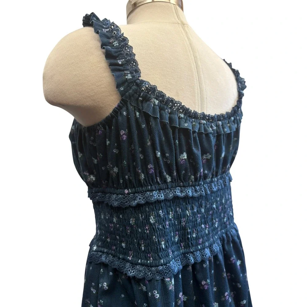 For Love and Lemons Lola Pointelle Floral Lace Mini Dress Blue Cottagecore XL